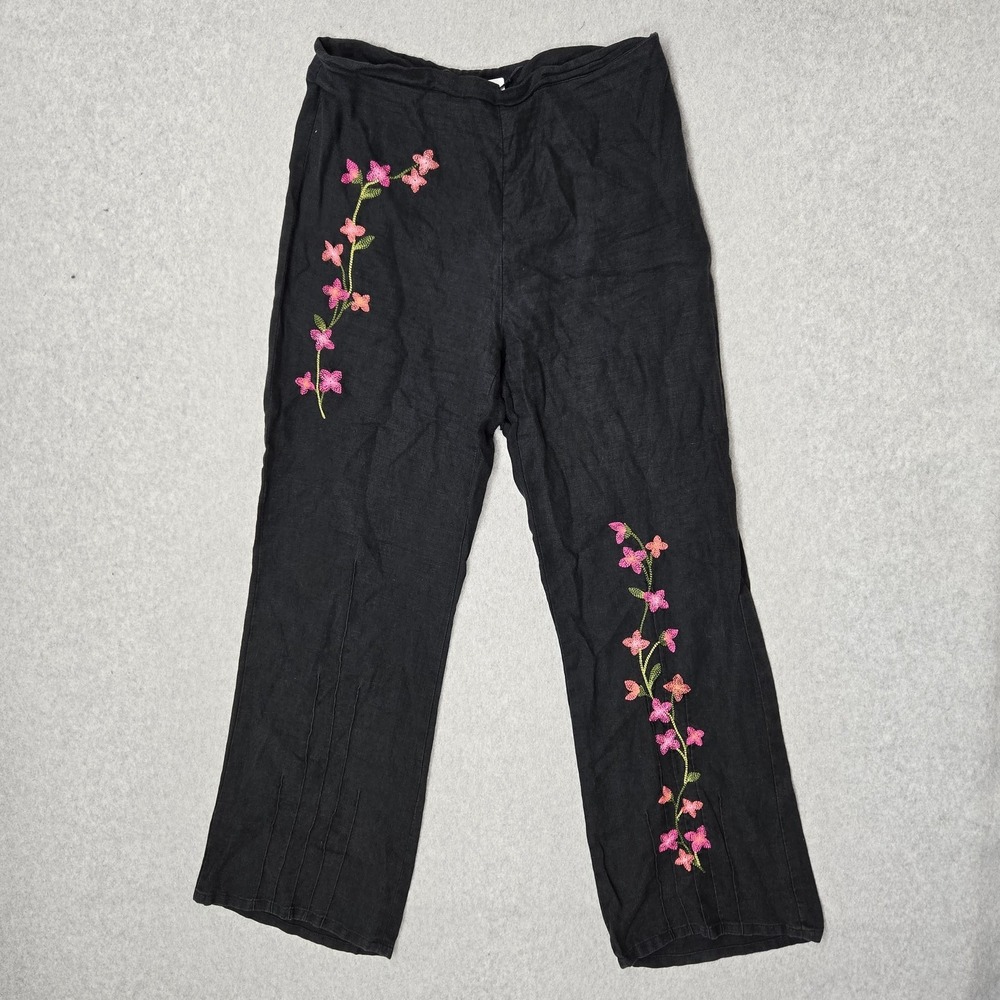 Saint Tropez West Women Pants 8 Black Linen Embroidered Boho Cottagecore READ